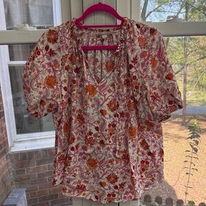 Knox Rose Pink & Orange Floral Puff-Sleeve 100% Cotton V-Neck Blouse Sz XL